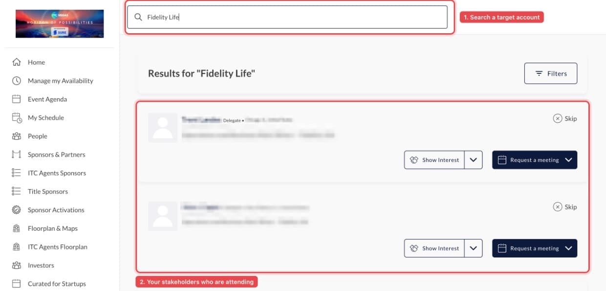 ITC app search results for Fidelity Life showing two attendees